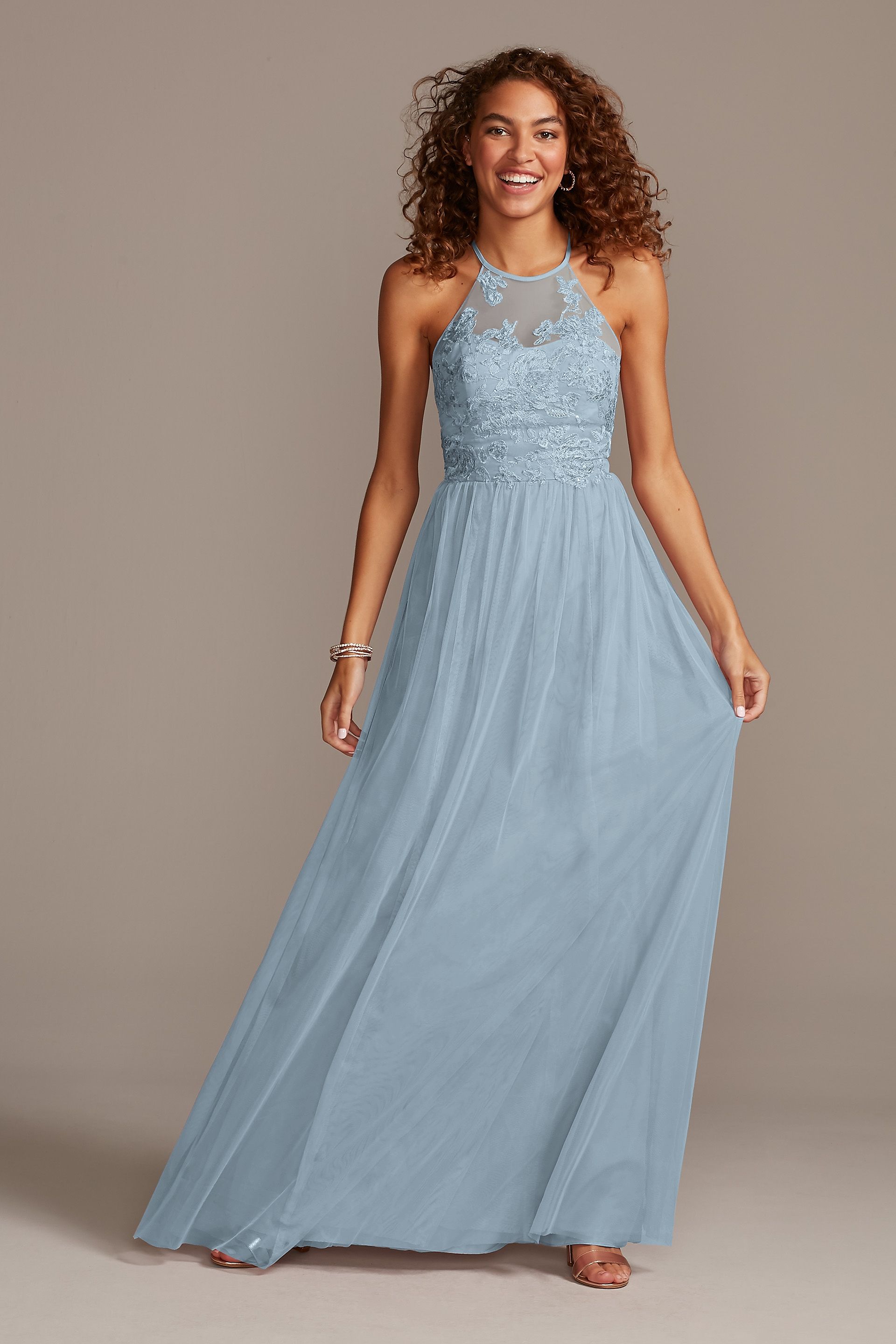 High-Neck Embroidered Soft Net Bridesmaid Dress | David's Bridal